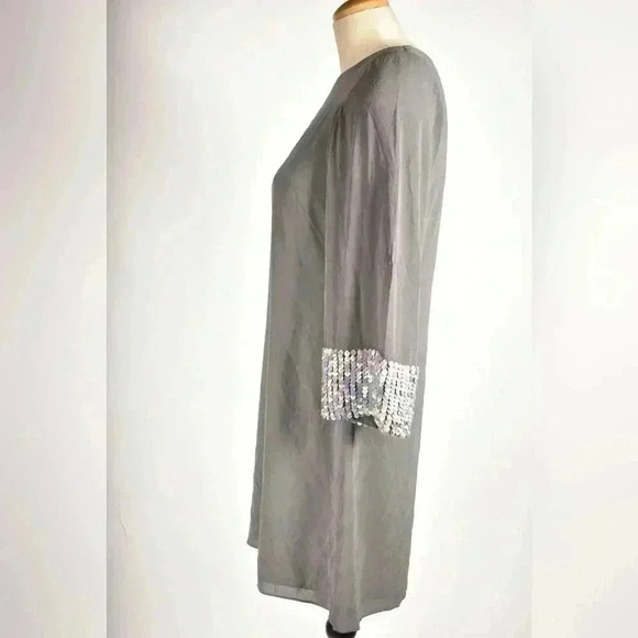 ALICE & OLIVA Grey 100% Silk 3/4  Sequin Sleeve Tunic Mini Dress Medium 8US - Picture 3 of 9